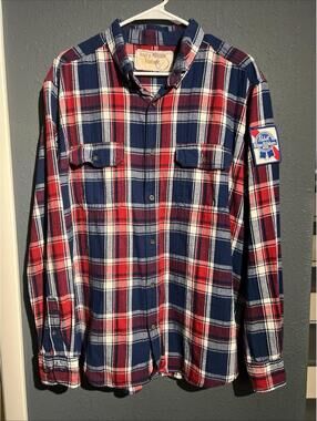 Pabst Blue Ribbon Flannel Shirt - Mens Large - Angry Minnow - Gold Embroidery